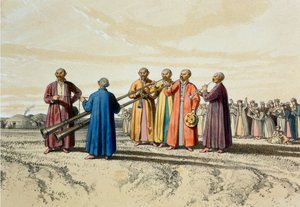 Evening prayer among the Kalmuks, using extra-long trumpets, illustration from 